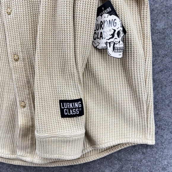 Lurking Class Womens Spider Web Long Sleeve Thermal Button Up Shirt Size L Beige - Picture 8 of 11